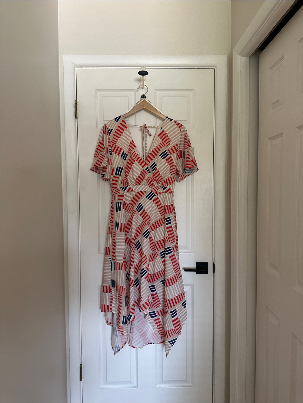 Love Riche Red, Navy & Cream Handkerchief Hem Wrap Dress